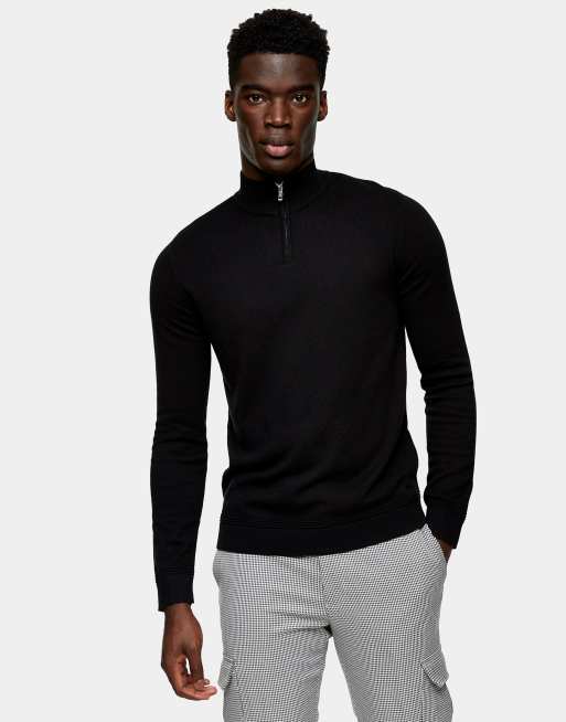 Topman knit turtle neck sweater with zip in black