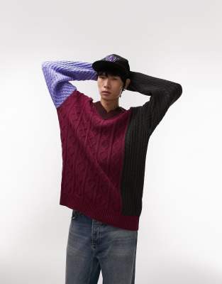 knit V-neck sweater with mix stitch in burgundy-Red