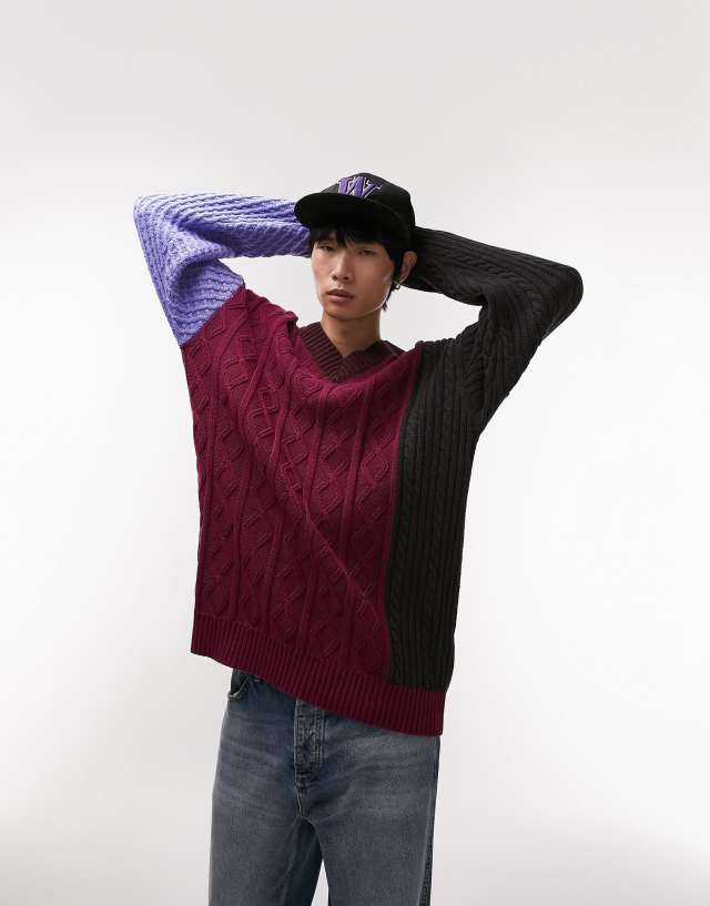 Topman knit V-neck sweater with mix stitch in burgundy