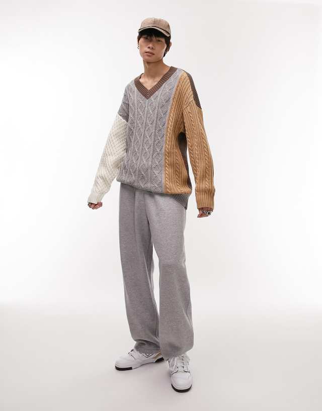 Topman knit v-neck sweater with mix stitch in stone