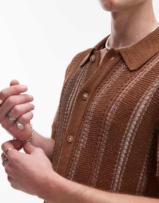 Topman knit viscose button down polo shirt with metallic stripes in brown, 3 of 4