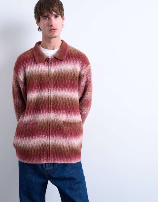 Topman knit wool blend zip up cardigan in brown