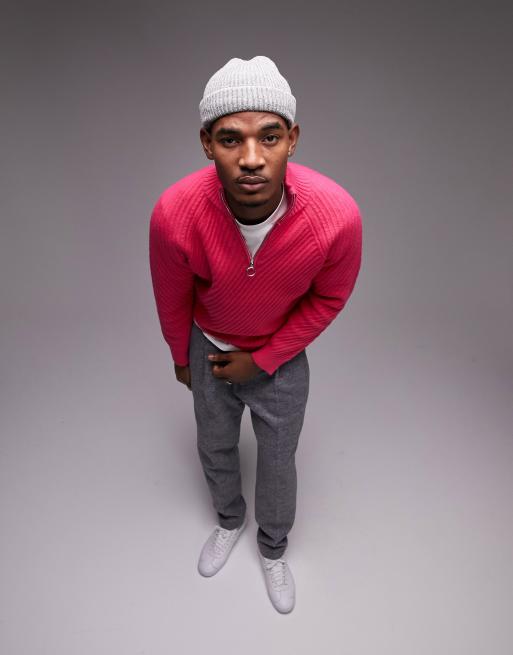 Topman knitted 1/4 zip with texture in pink