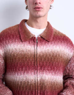 Model wearing Knitted blend zip through cardigan in brown