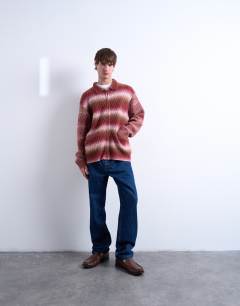 Model wearing Knitted blend zip through cardigan in brown