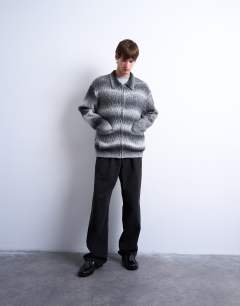 Model wearing Knitted blend zip through cardigan in grey