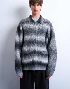Model wearing Knitted blend zip through cardigan in grey