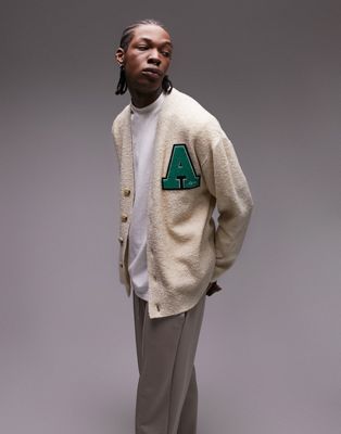 Topman knitted boucle cardigan with collegiate badge in ecru