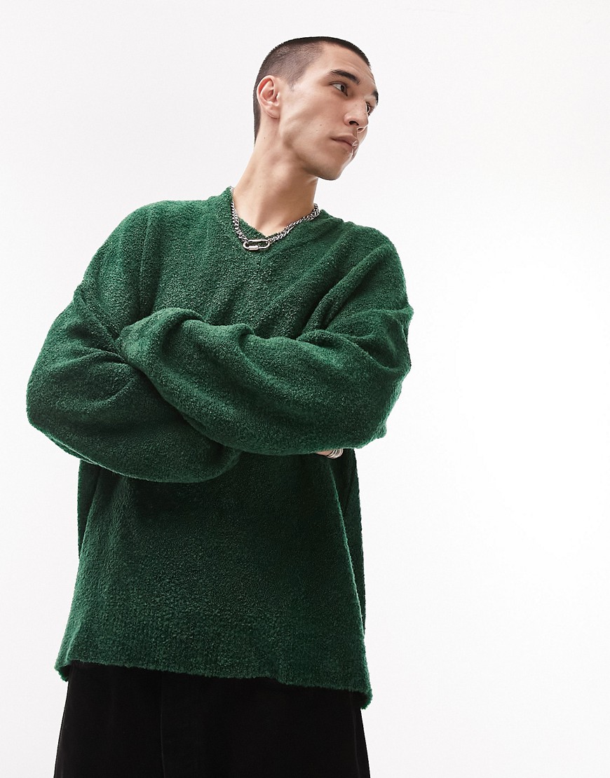 Topman knitted boucle v neck jumper in green
