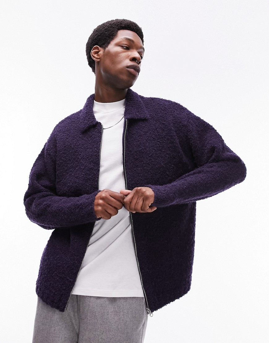 Topman knitted boucle with alpaca zip through cardigan in navy