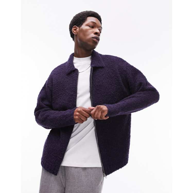 Topman knitted boucle with alpaca zip through cardigan in navy | ASOS