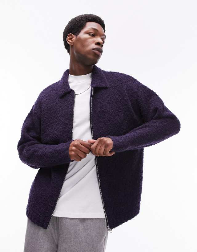 Topman - knitted boucle with alpaca zip through cardigan in navy