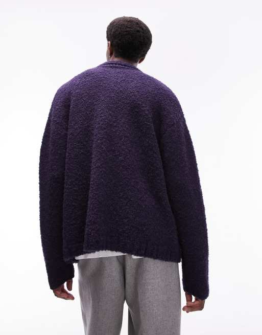 Topman knitted boucle with alpaca zip through cardigan in navy, 2 of 4