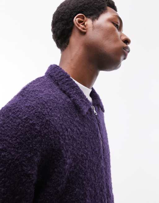 Topman knitted boucle with alpaca zip through cardigan in navy, 3 of 4