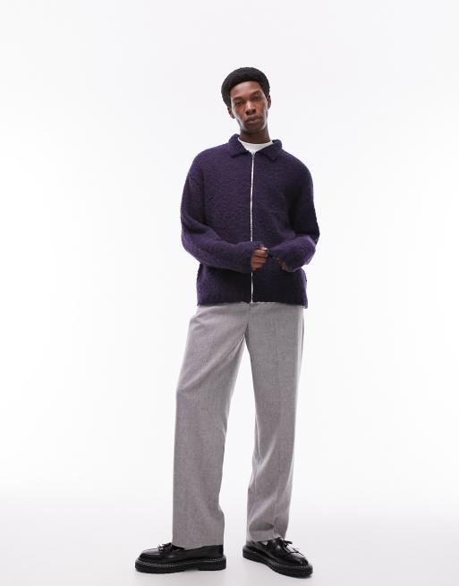Topman knitted boucle with alpaca zip through cardigan in navy, 4 of 4