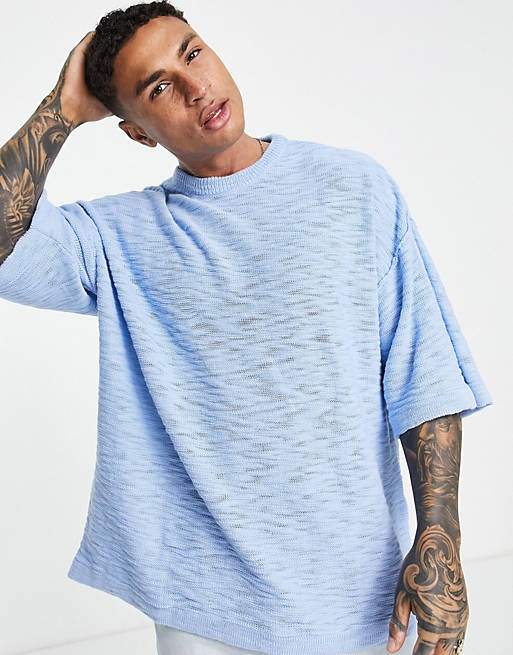 Men Topman knitted boxy fit t-shirt with slub in blue 