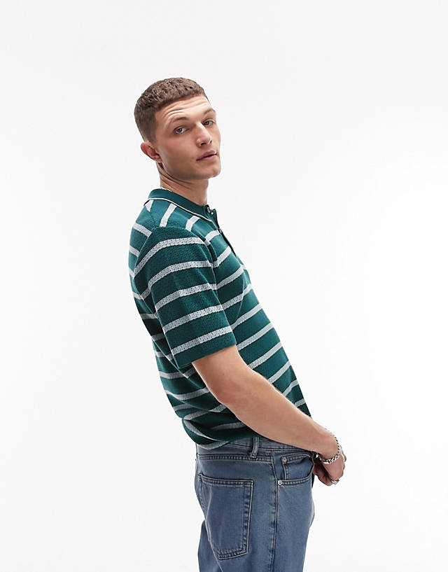 Topman - knitted button polo with stripe in green
