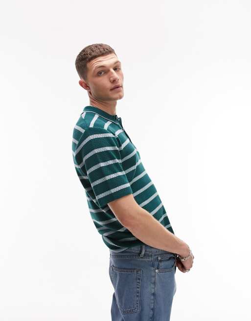 Topman merinoted button polo with stripe in green