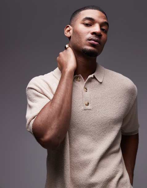 Topman knitted button through boucle shirt in stone - view 1