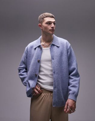 Topman knitted button through cardigan in blue