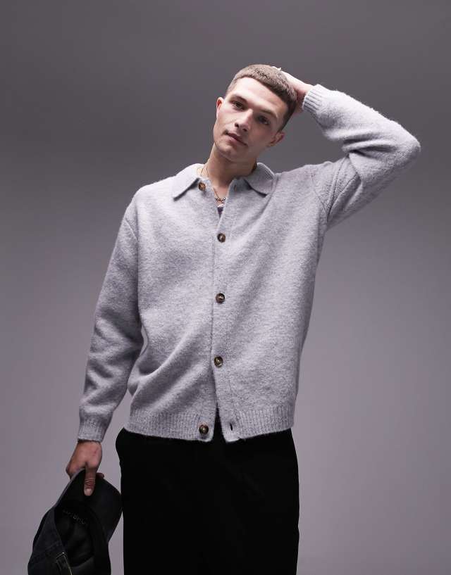 Topman - knitted button through cardigan in grey