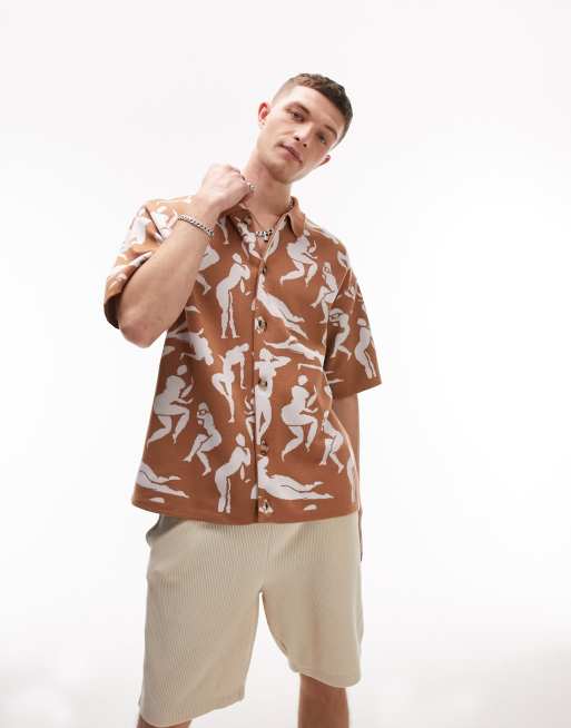 Topman knitted button through shirt with all over print in brown
