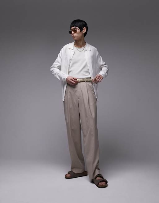 Topman knitted button through shirt with pointelle in white 
