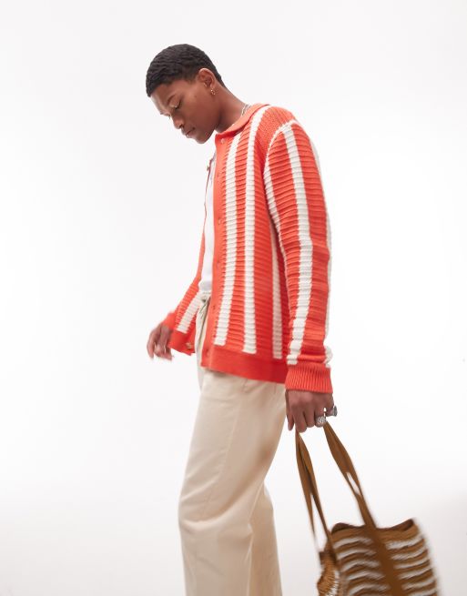 Topman knitted button through stripe cardigan in red
