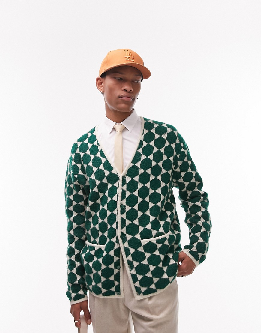 Topman knitted cardigan with all over geo in green