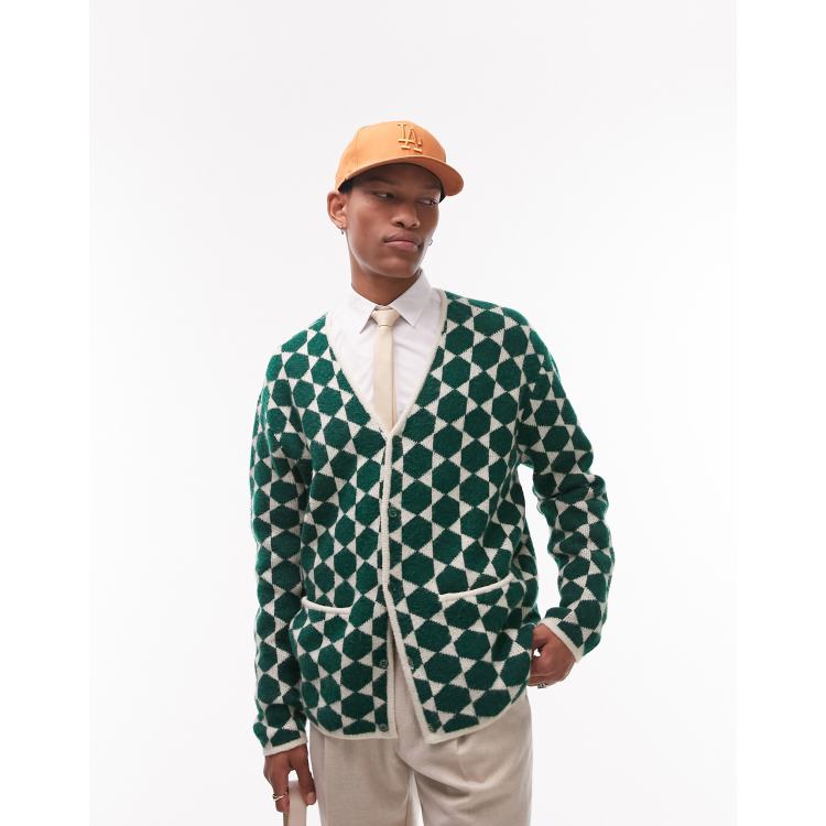 Topman knitted cardigan with all over geo in green | ASOS