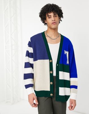 Topman knitted cardigan with collegiate design in blue