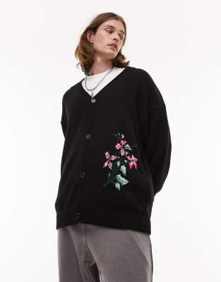 Topman knitted cardigan with floral back print in black