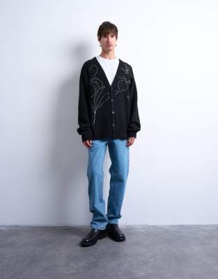 Topman Knitted Cardigan With Floral Embroidery In Black