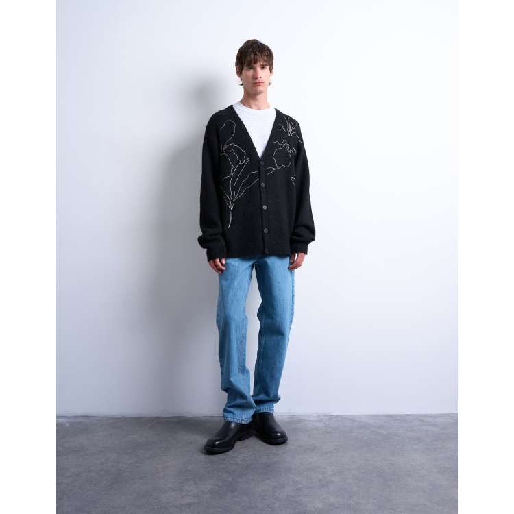 Topman knitted cardigan with floral embroidery in black | ASOS
