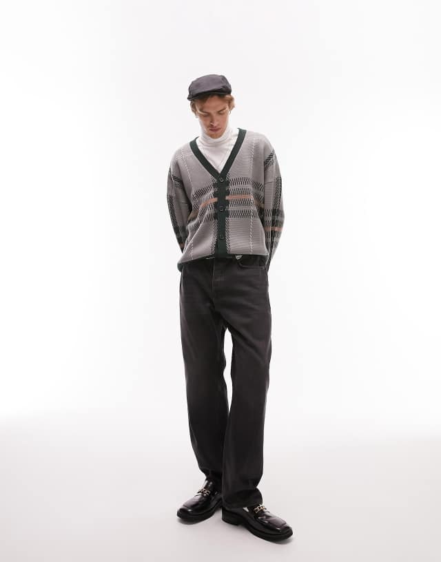 Topman knitted check cardigan in gray