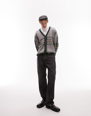 Topman knitted check cardigan in grey