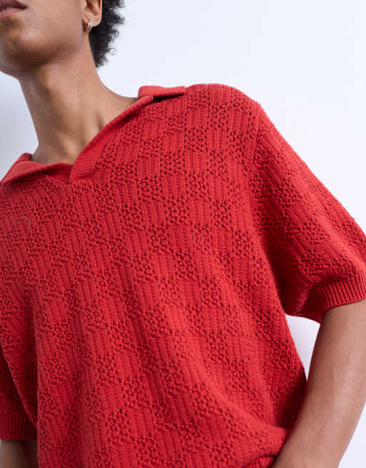 Topman knitted check crochet polo in red, 3 of 4