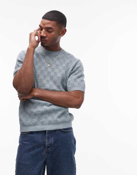 Topman knitted check crochet t shirt in grey - view 1