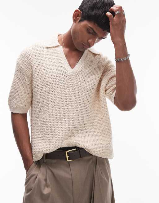  Topman knitted cotton revere polo in stone