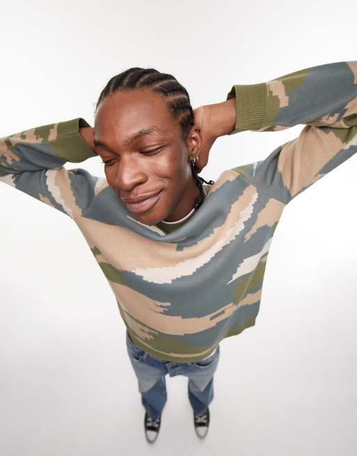 Topman knitted crew neck jumper with all over camo in khaki