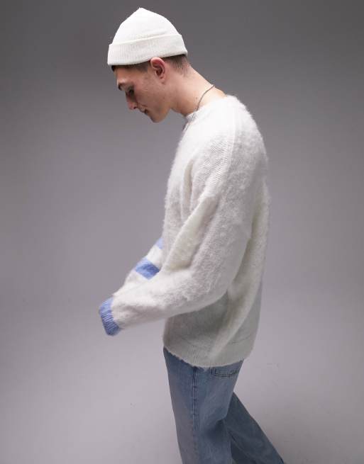 Topman knitted crew neck jumper with linear stripe in blue