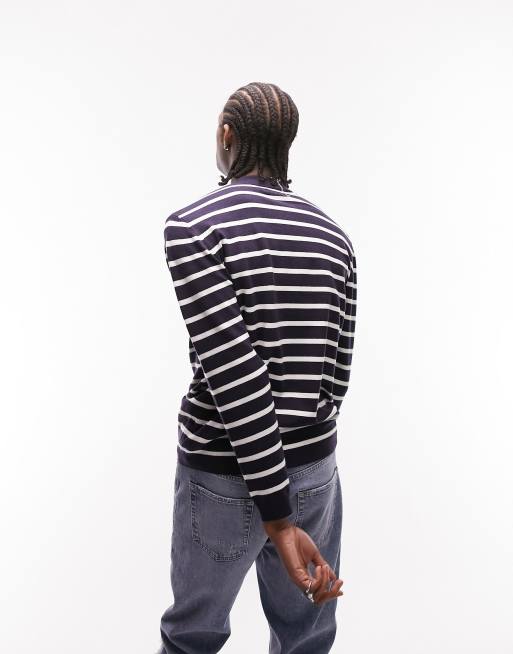 Topman knitted crew neck jumper with stripe in navy | ASOS