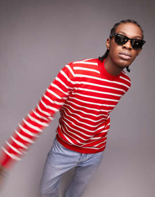 Topman knitted crew neck jumper with stripe in red - ASOS Price Checker