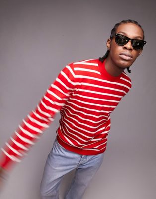 Topman knitted crew neck jumper with stripe in red