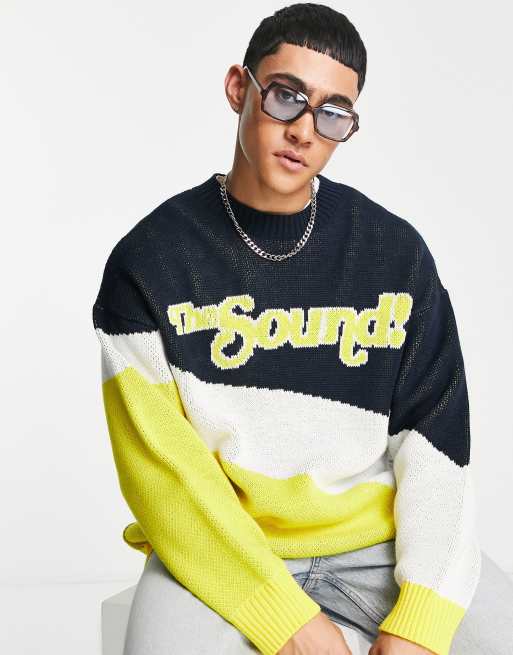 Topman knitted crewneck jumper with the sound text in navy