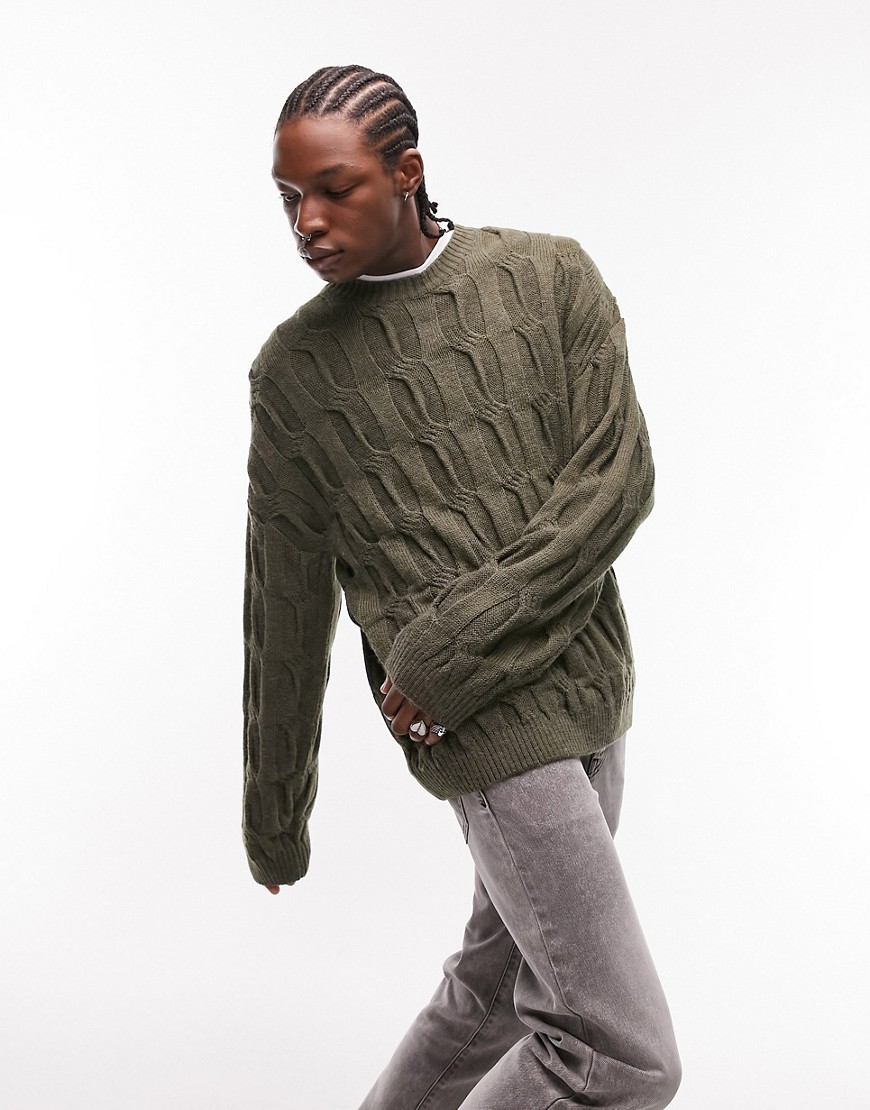 Topman knitted crewneck with enlarged cable knit in khaki-Green