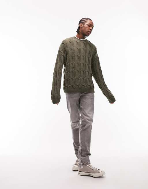 Topman knitted crewneck with enlarged cable knit in khaki