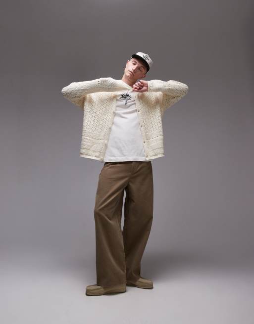 Topman knitted crochet cardigan in ecru, 3 of 4