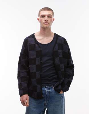 Topman Topman knitted crochet check cardigan in black & grey