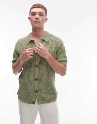 Topman Knitted Crochet Shirt In Green-black